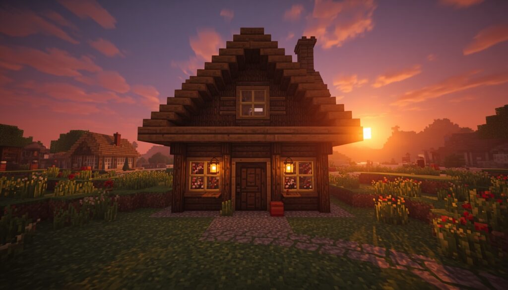 Cozy Minecraft starter house with warm lighting