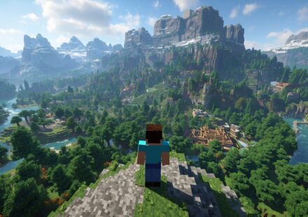 Minecraft seed world with village, mountains, and rivers at spawn
