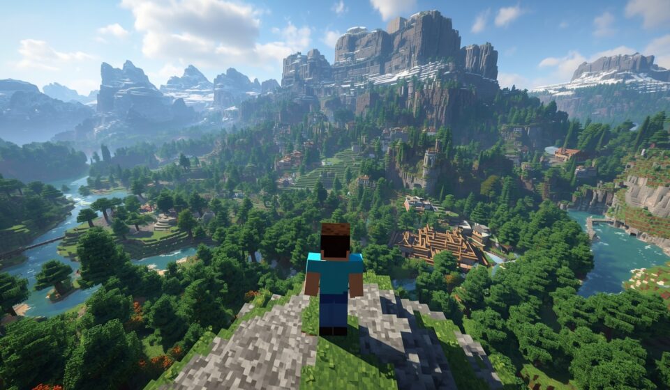 Minecraft seed world with village, mountains, and rivers at spawn