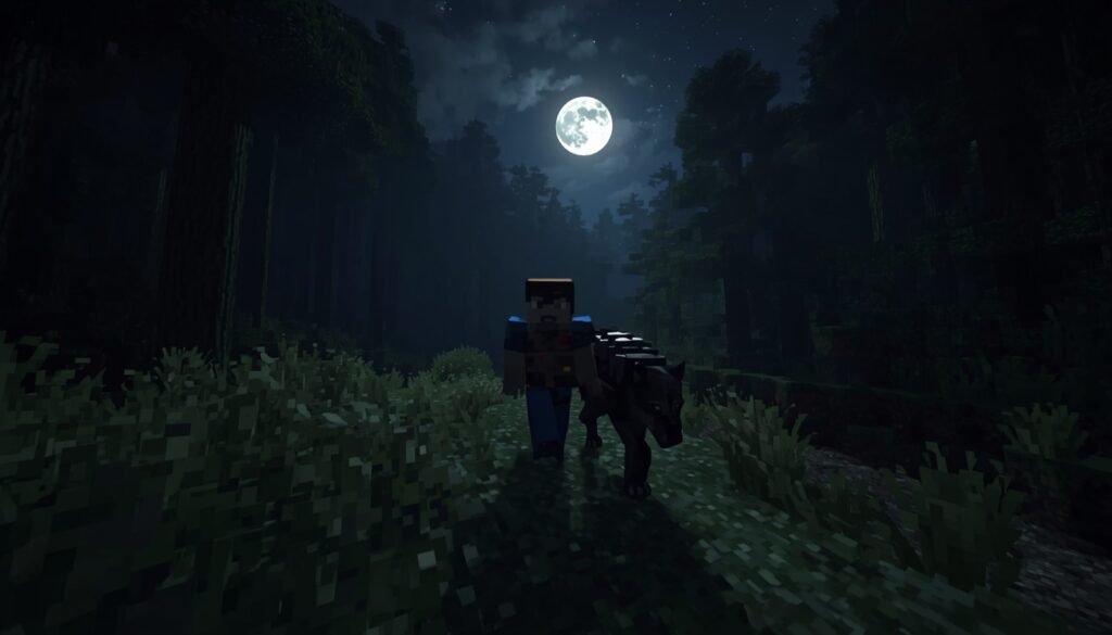 Player with wolf at night in Minecraft