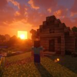Minecraft starter house at sunset with survival vibe
