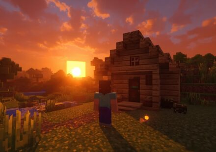 Minecraft starter house at sunset with survival vibe
