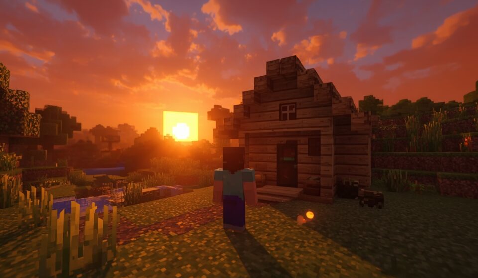 Minecraft starter house at sunset with survival vibe