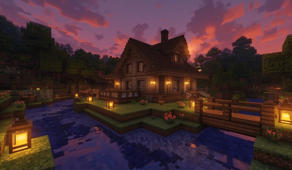 minecraft cottage river view