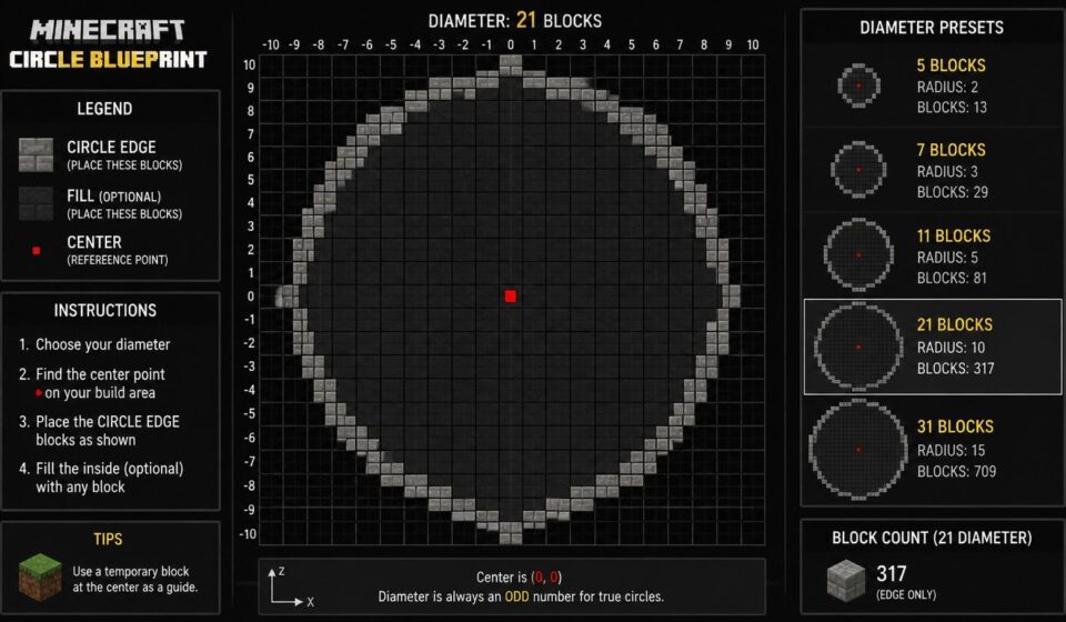 Minecraft circle blueprint grid