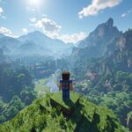 Minecraft player overlooking a vast mountain valley