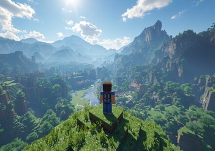 Minecraft player overlooking a vast mountain valley
