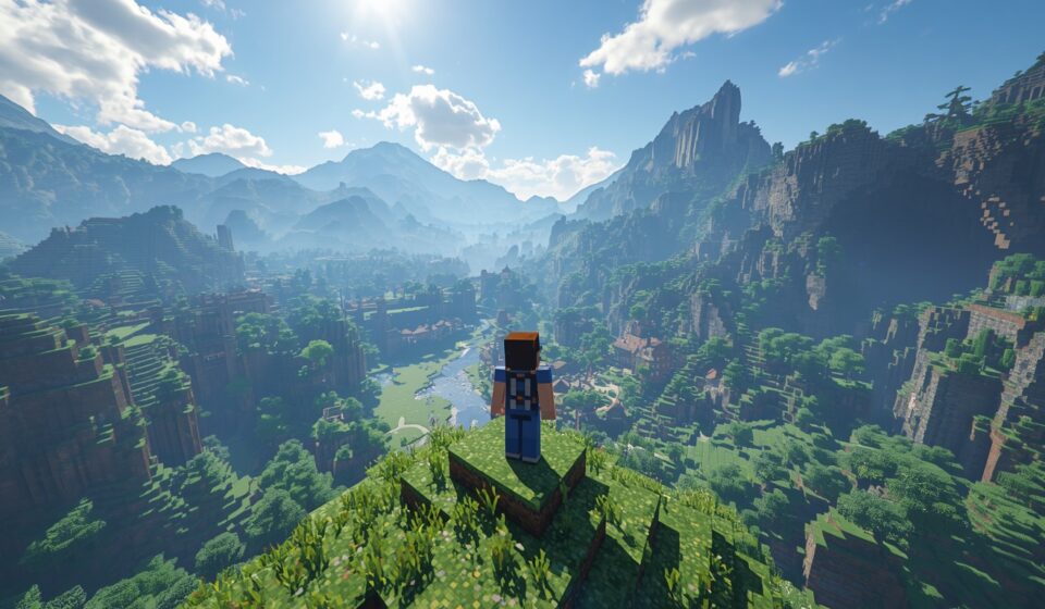 Minecraft player overlooking a vast mountain valley