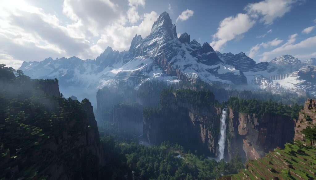 Minecraft mountain seed with snowy peaks