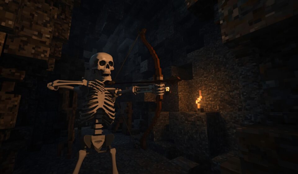 Minecraft skeleton cave fight scene