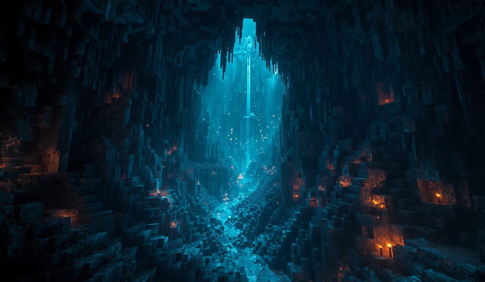 Dark Ancient City with glowing sculk blocks