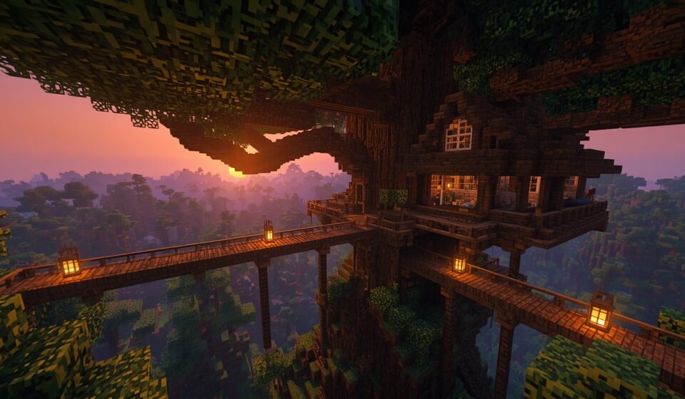 Minecraft tree house survival base in forest