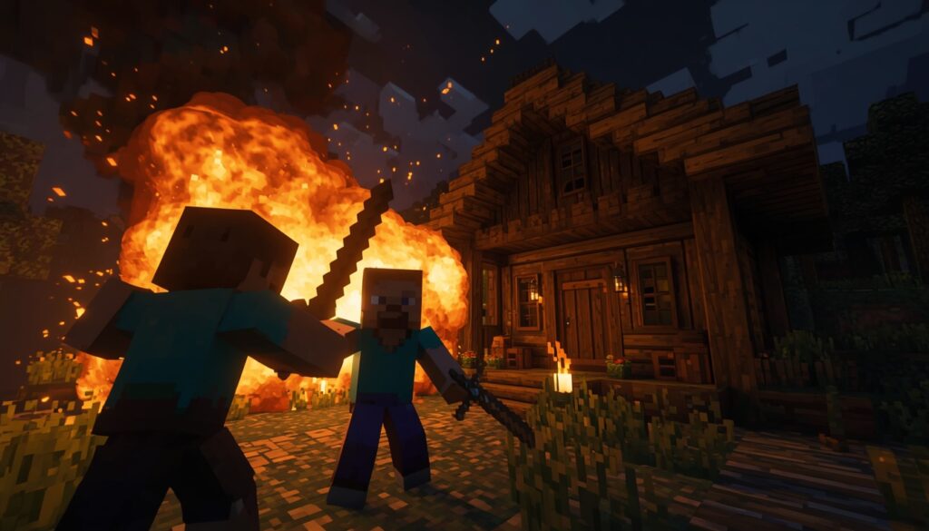 Creeper explosion near Minecraft starter house